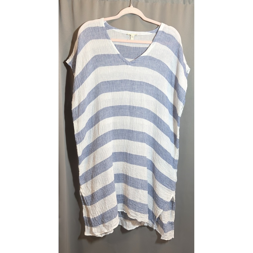 Eileen Fisher Organic Linen Blue Striped Tunic Poncho Dress Women's Sz S/M
